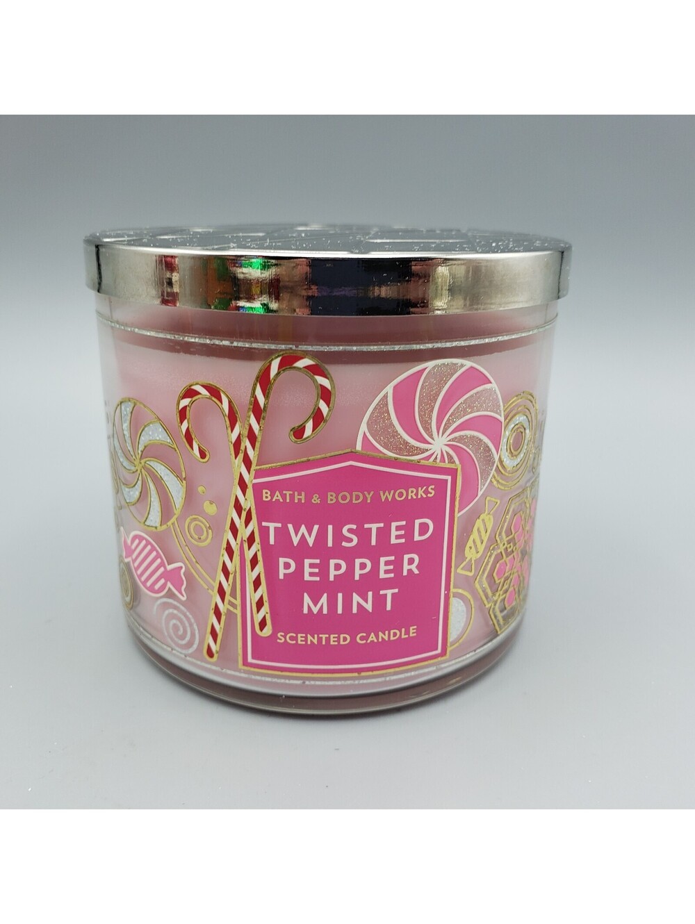 Bath & Body Works Twisted Peppermint 3 Wick 14.5 oz Jar Candle Large Pink New